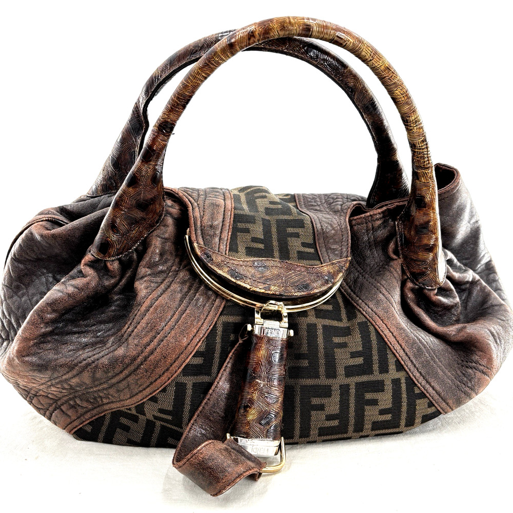 Fendi Spy Bag 8BR511 Zucca Cacao Brown Tortuga Leather 2006 Authentic Vintage